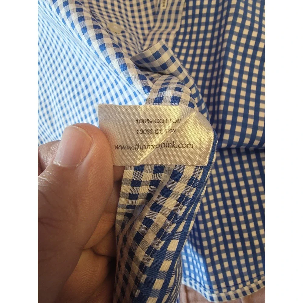 Thomas Pink Dress Shirt Mens 17 Blue Gingham Slim Fit Long Sleeve - Picture 4 of 8